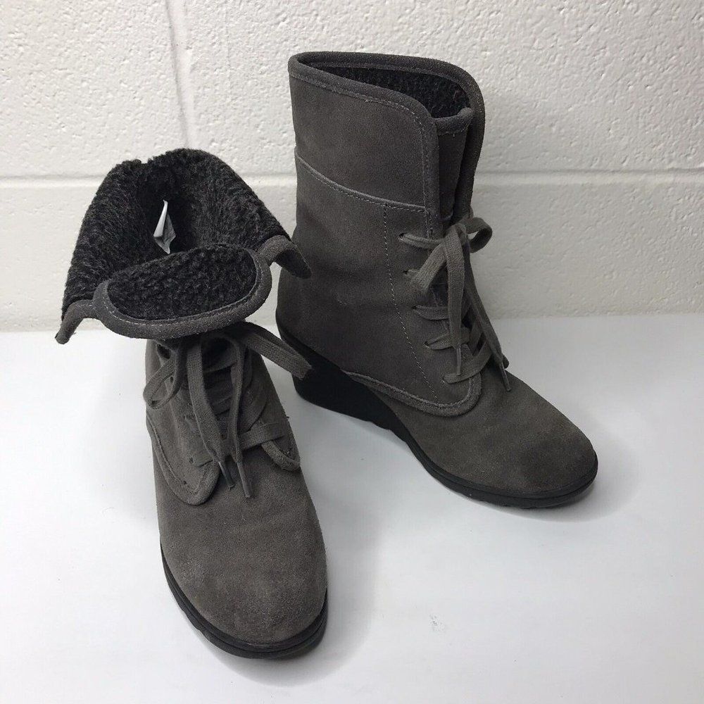 White Mountain Koko Wedge Ankle Boots Suede Charcoal Leather Lace Ties Size 6.5M